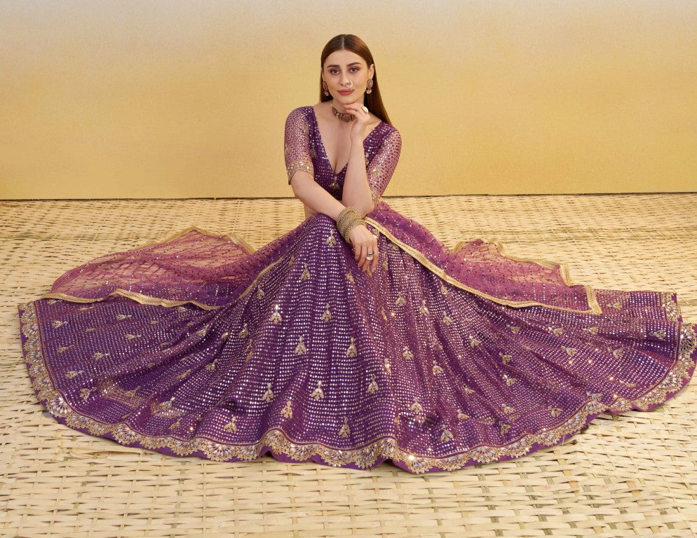 Women's Purple Net Thread Embroiderey With All Over Sequins Work Lehenga Set