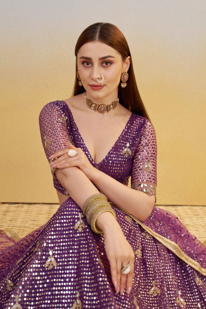 Women's Purple Net Thread Embroiderey With All Over Sequins Work Lehenga Set