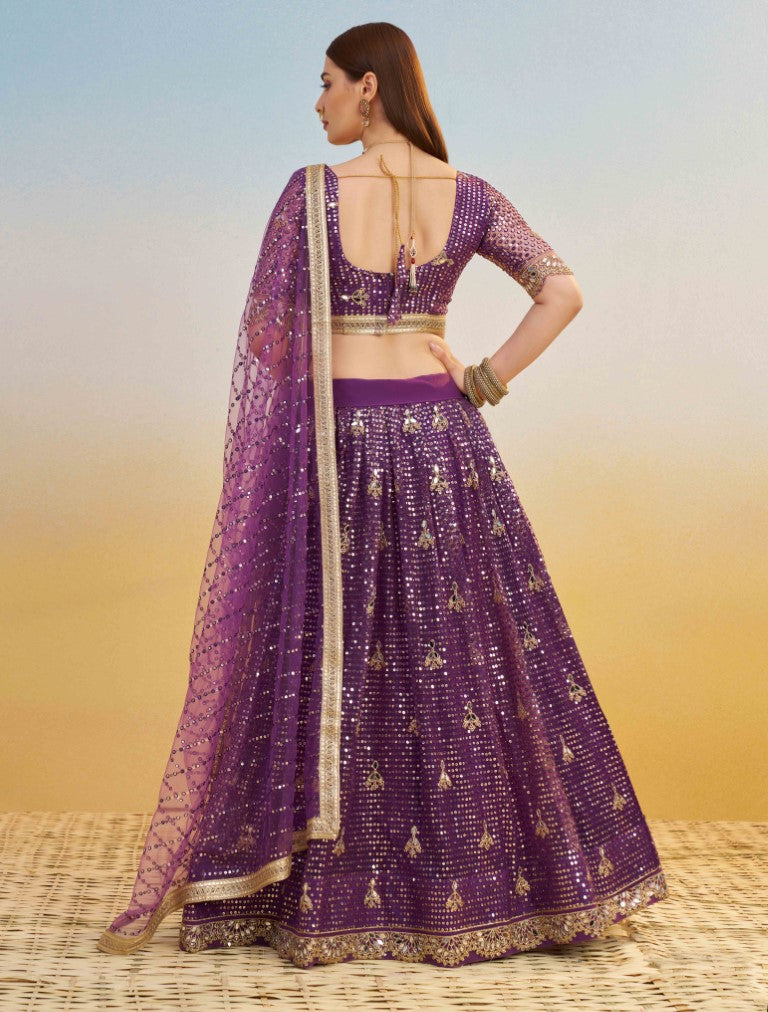 Women's Purple Net Thread Embroiderey With All Over Sequins Work Lehenga Set