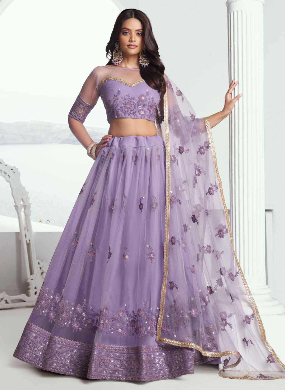 Women's Lavender Net Thread Embroidery Lehenga Set - Gruhnaree