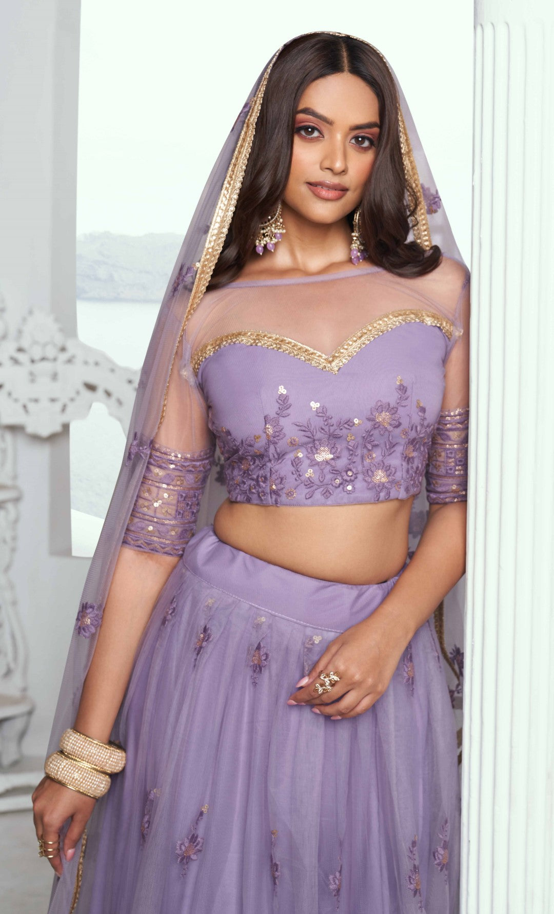 Women's Lavender Net Thread Embroidery Lehenga Set - Gruhnaree