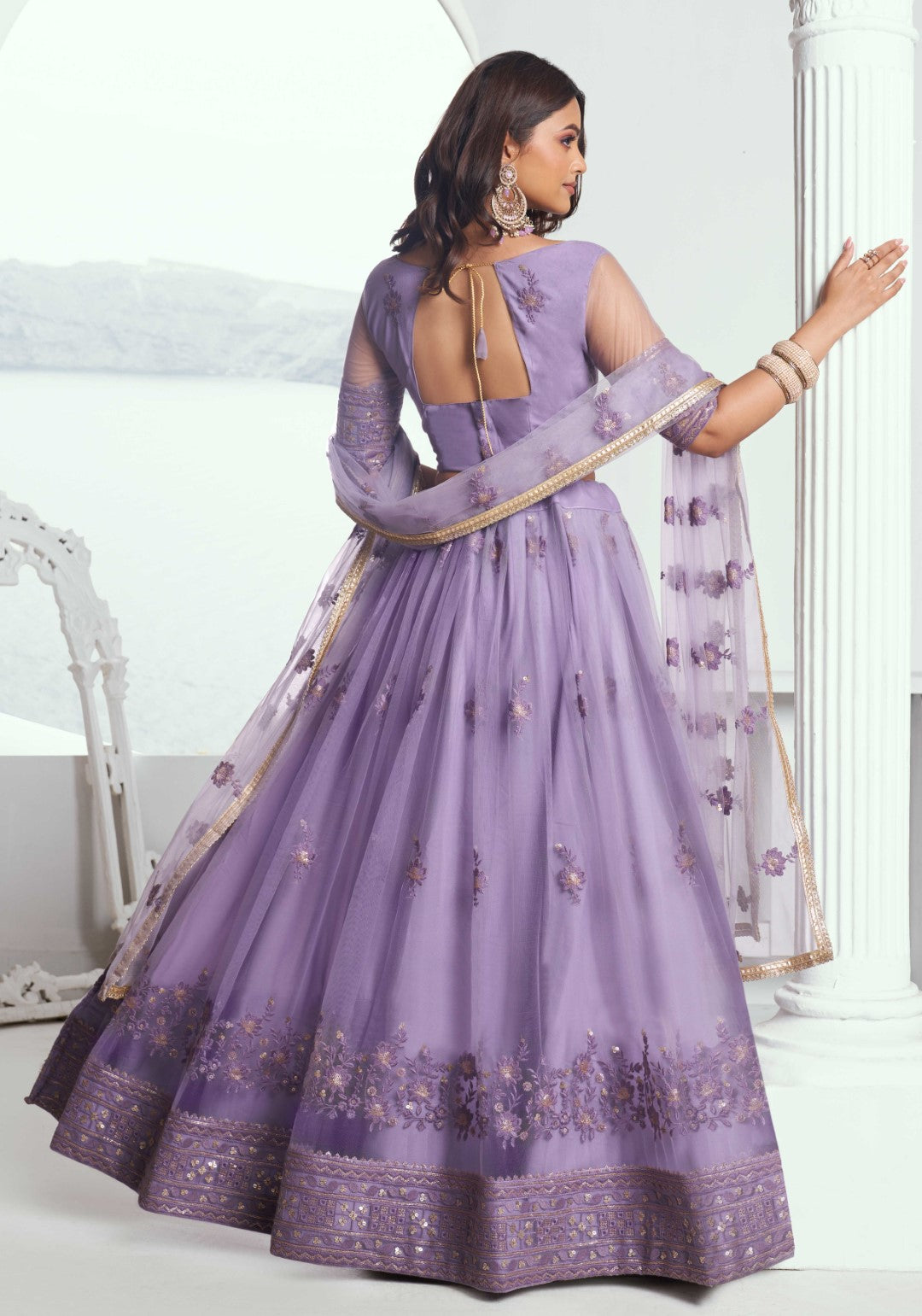 Women's Lavender Net Thread Embroidery Lehenga Set - Gruhnaree