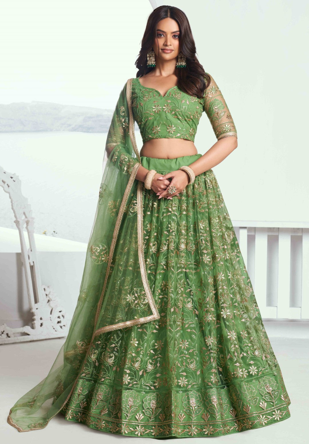 Women's Pista Green Net Thread Embroidery Lehenga Set - Gruhnaree