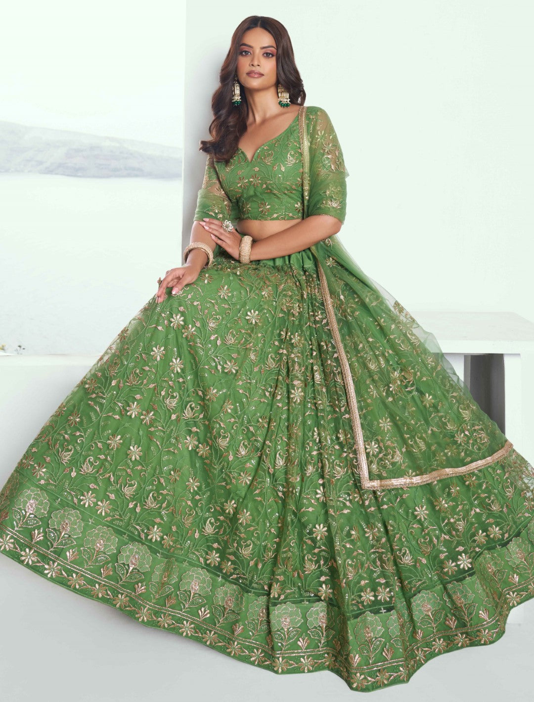 Women's Pista Green Net Thread Embroidery Lehenga Set - Gruhnaree