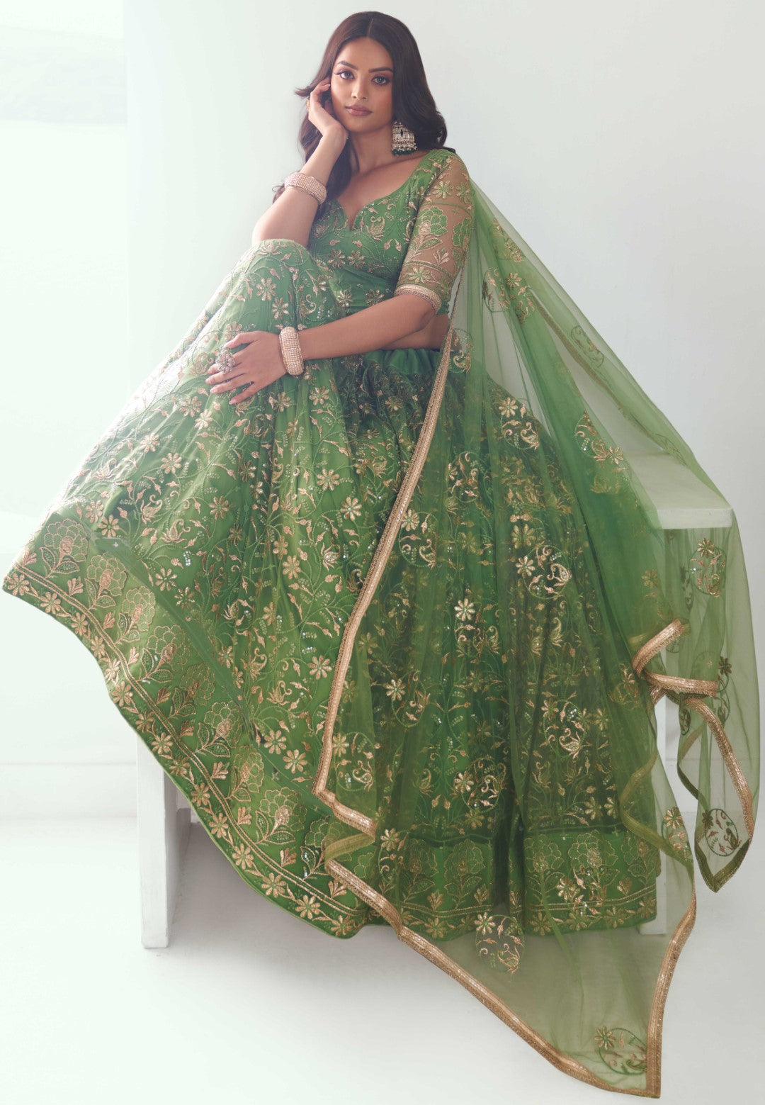 Women's Pista Green Net Thread Embroidery Lehenga Set - Gruhnaree