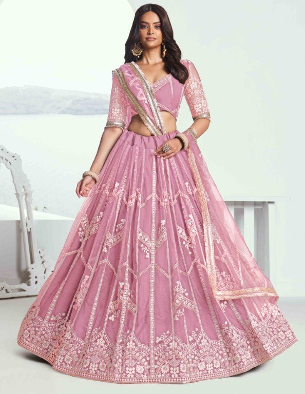 Women's Pink Net Thread Embroiderey With All Over Sequins Work Lehenga Sets
