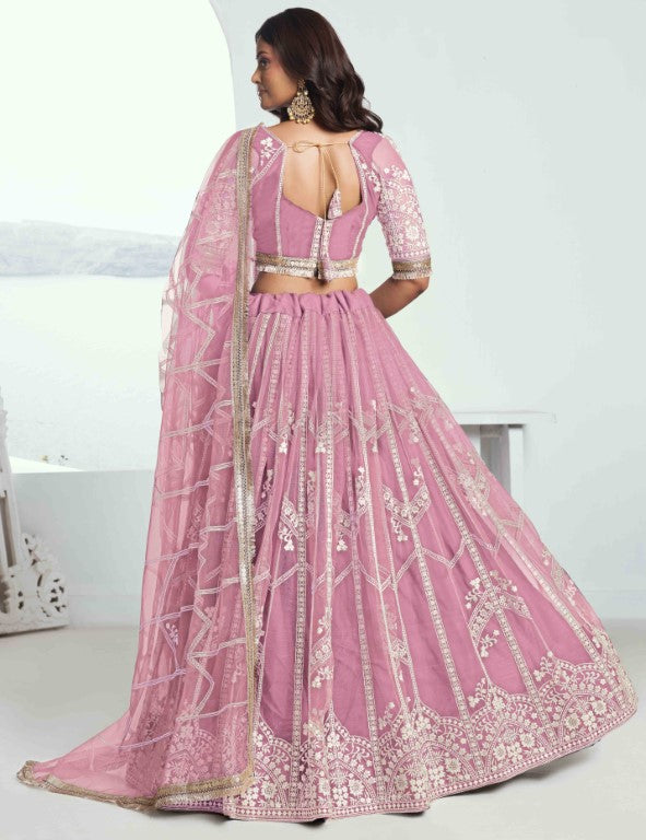 Women's Pink Net Thread Embroiderey With All Over Sequins Work Lehenga Sets