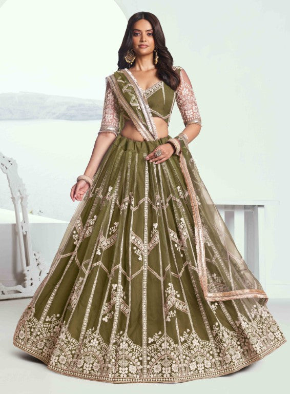 Women's Mehandi Green Net Thread Embroiderey With All Over Sequins Work Lehenga Sets