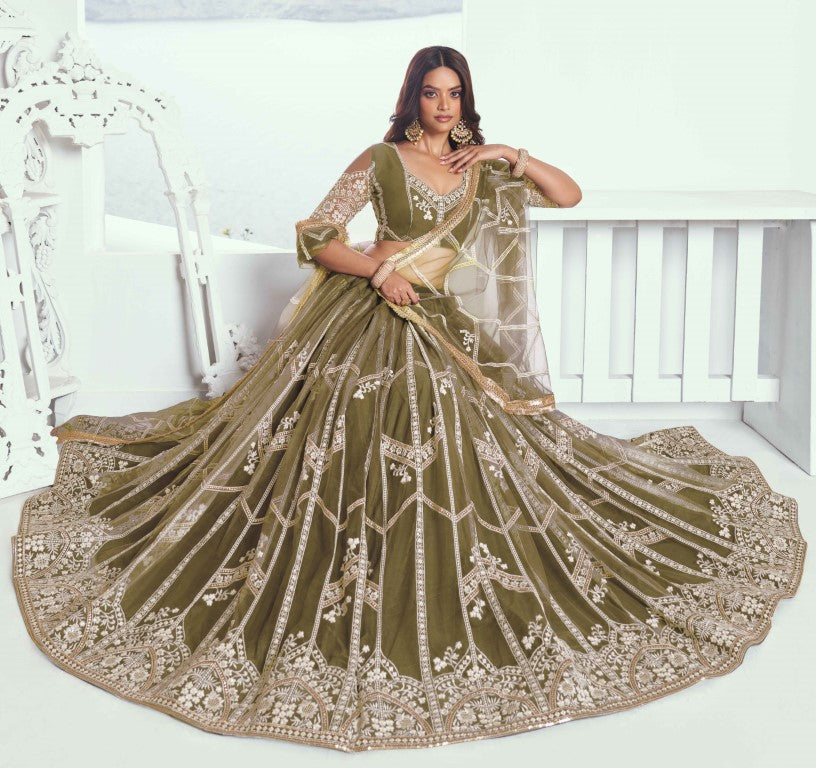 Women's Mehandi Green Net Thread Embroiderey With All Over Sequins Work Lehenga Sets