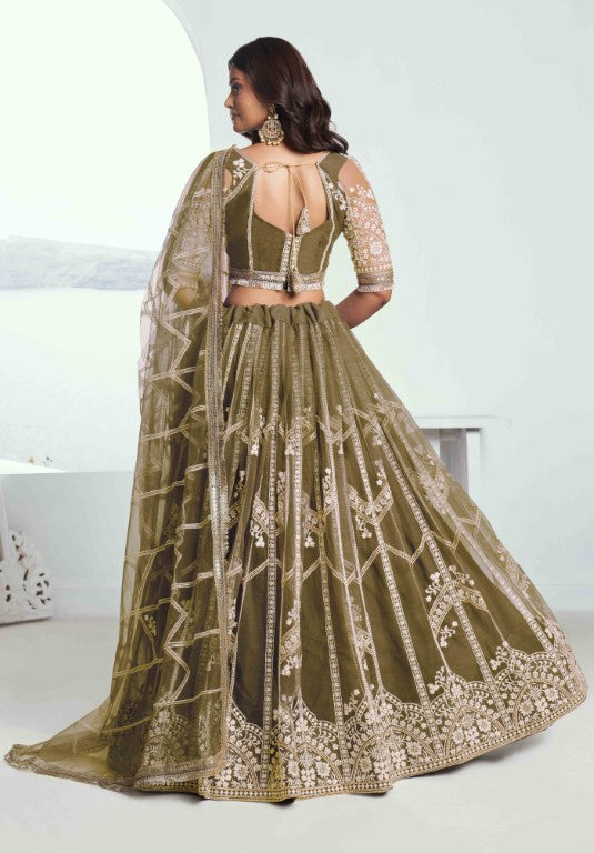 Women's Mehandi Green Net Thread Embroiderey With All Over Sequins Work Lehenga Sets