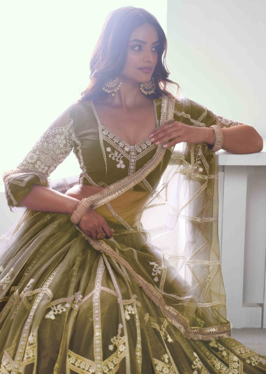 Women's Mehandi Green Net Thread Embroiderey With All Over Sequins Work Lehenga Sets