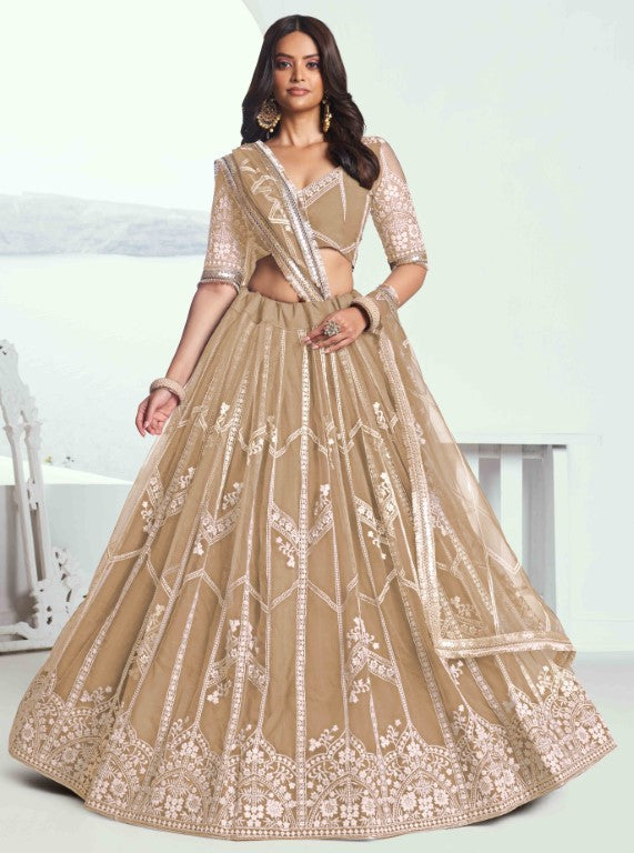 Women's Beige Net Thread Embroiderey With All Over Sequins Work Lehenga Sets
