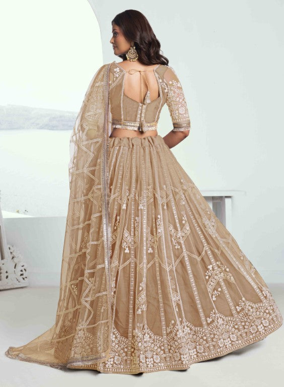 Women's Beige Net Thread Embroiderey With All Over Sequins Work Lehenga Sets