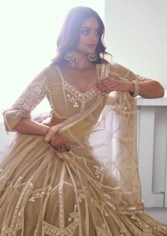 Women's Beige Net Thread Embroiderey With All Over Sequins Work Lehenga Sets