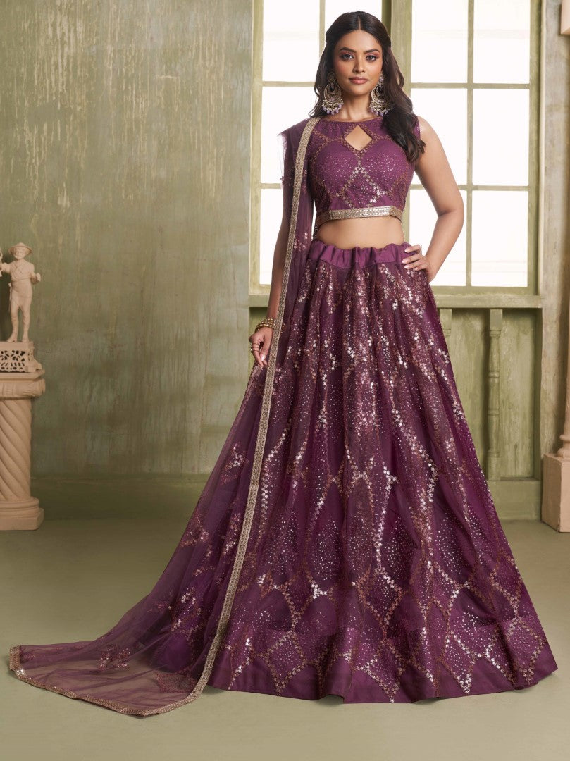 Women's Wine Net Thread Embroiderey With All Over Sequins Work Lehenga Set - Gruhnaree