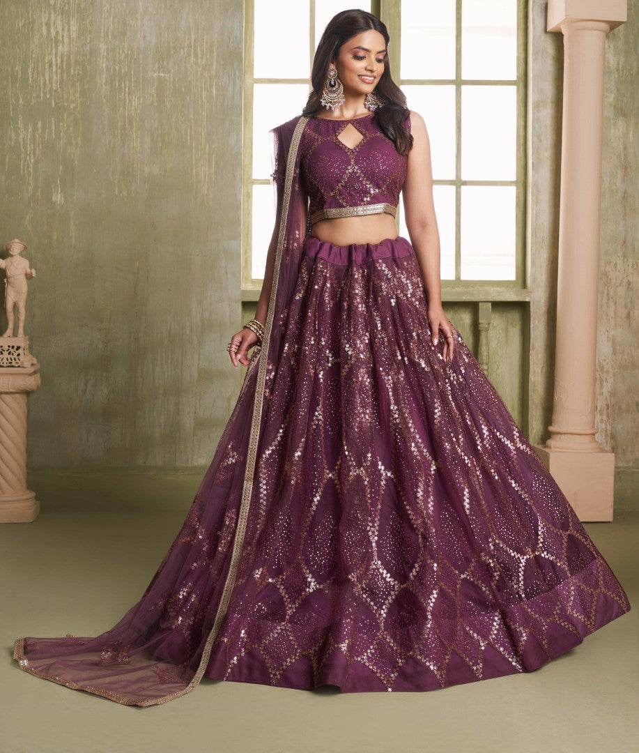 Women's Wine Net Thread Embroiderey With All Over Sequins Work Lehenga Set - Gruhnaree