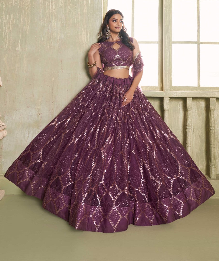 Women's Wine Net Thread Embroiderey With All Over Sequins Work Lehenga Set - Gruhnaree