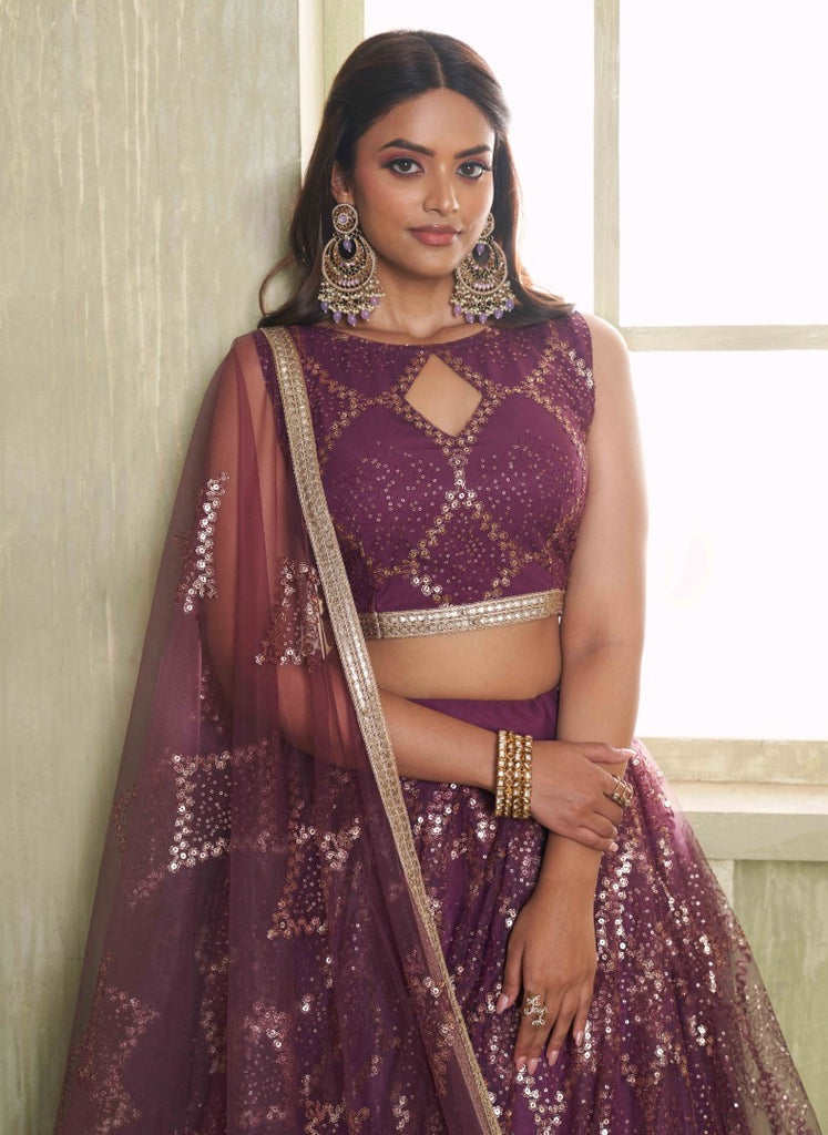 Women's Wine Net Thread Embroiderey With All Over Sequins Work Lehenga Set