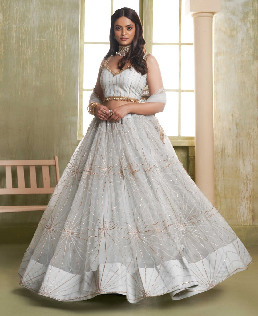 Women's Grey Net Thread Embroiderey With All Over Sequins Work Lehenga Set