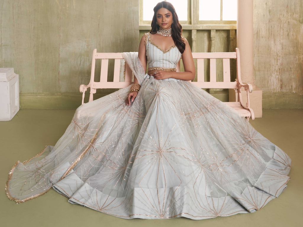 Women's Grey Net Thread Embroiderey With All Over Sequins Work Lehenga Set