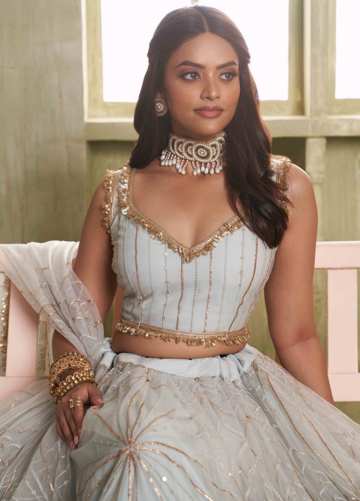 Women's Grey Net Thread Embroiderey With All Over Sequins Work Lehenga Set