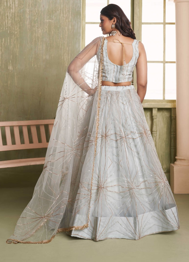 Women's Grey Net Thread Embroiderey With All Over Sequins Work Lehenga Set