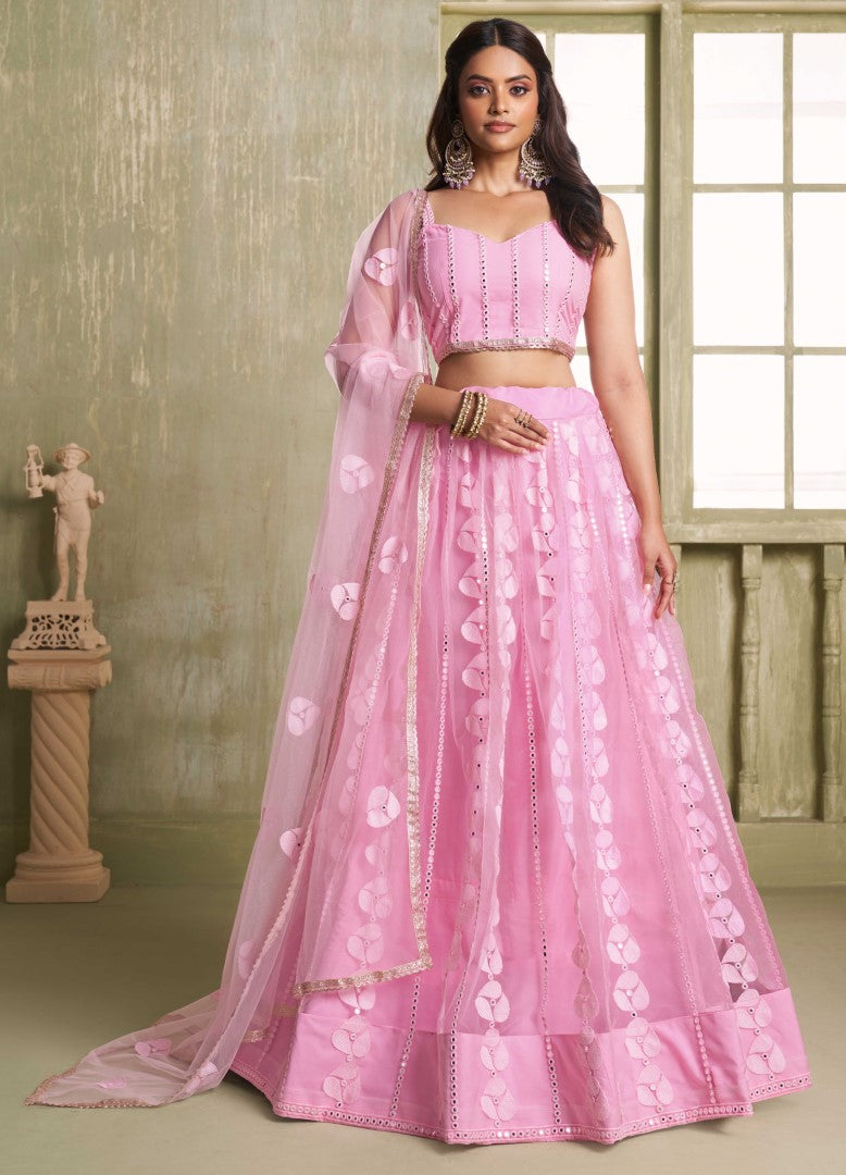 Women's Pink Net Thread Embroiderey With All Over Sequins Work Lehenga Set - Gruhnaree