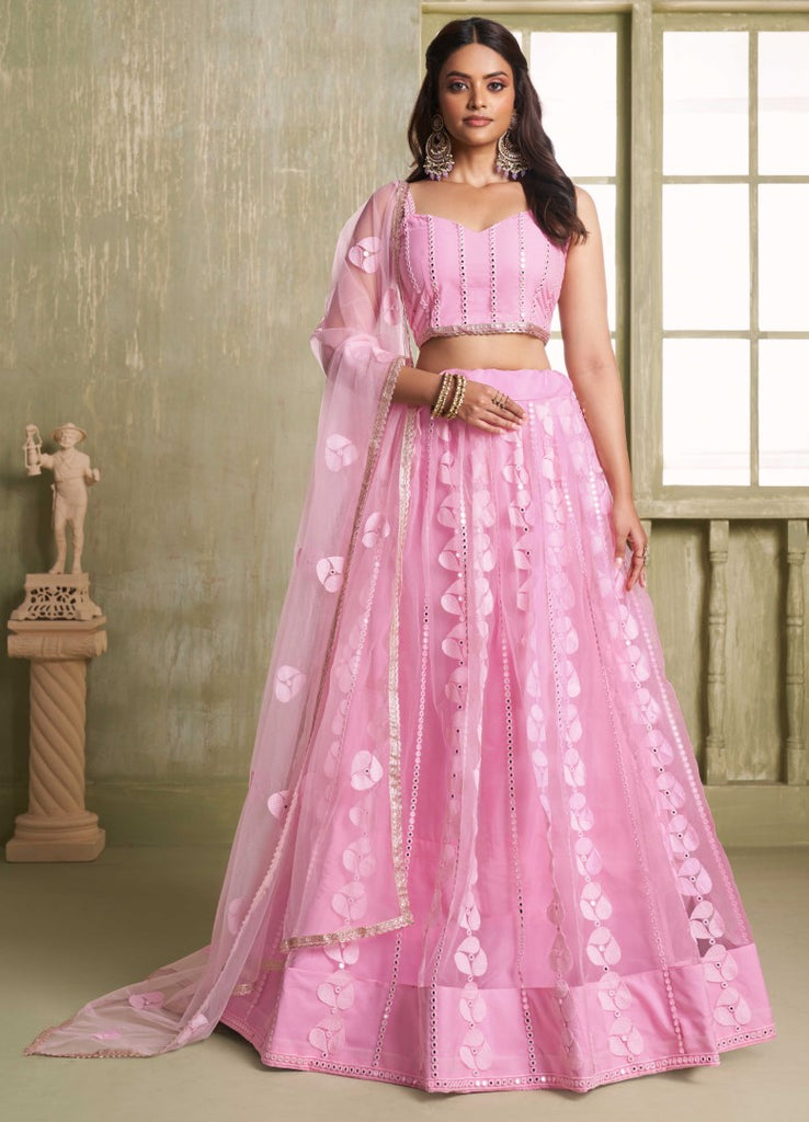 Women's Pink Net Thread Embroiderey With All Over Sequins Work Lehenga Set