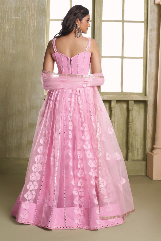 Women's Pink Net Thread Embroiderey With All Over Sequins Work Lehenga Set