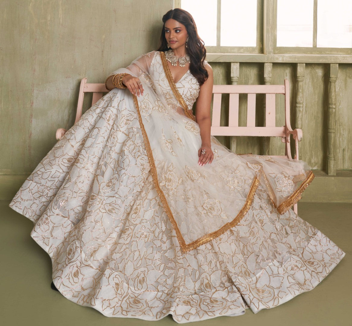 Women's Off White Net Thread Embroiderey With All Over Sequins Work Lehenga Set - Gruhnaree