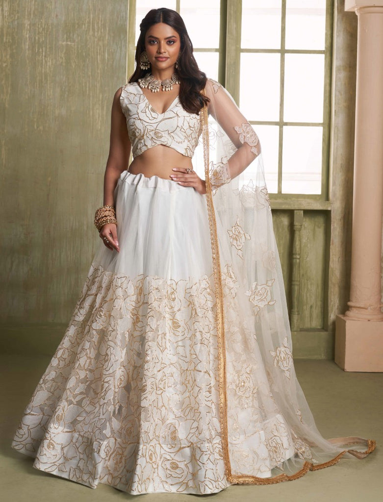 Women's Off White Net Thread Embroiderey With All Over Sequins Work Lehenga Set