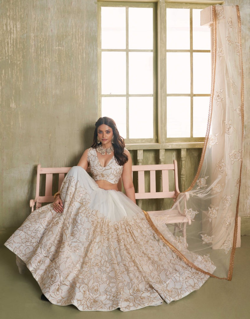 Women's Off White Net Thread Embroiderey With All Over Sequins Work Lehenga Set