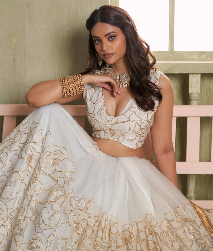Women's Off White Net Thread Embroiderey With All Over Sequins Work Lehenga Set