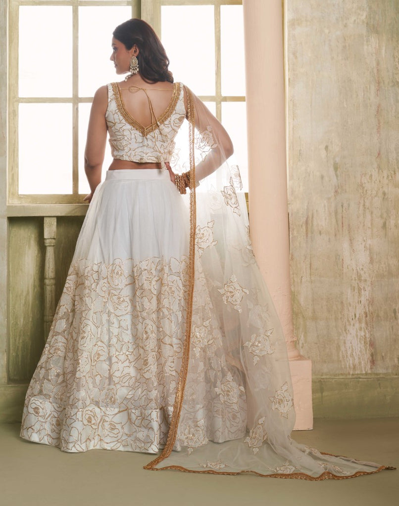 Women's Off White Net Thread Embroiderey With All Over Sequins Work Lehenga Set