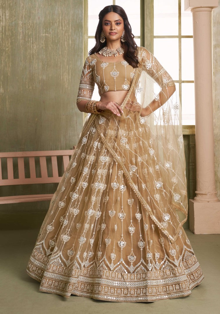 Women's Cream Net Thread Embroiderey With All Over Sequins Work Lehenga Set - Gruhnaree