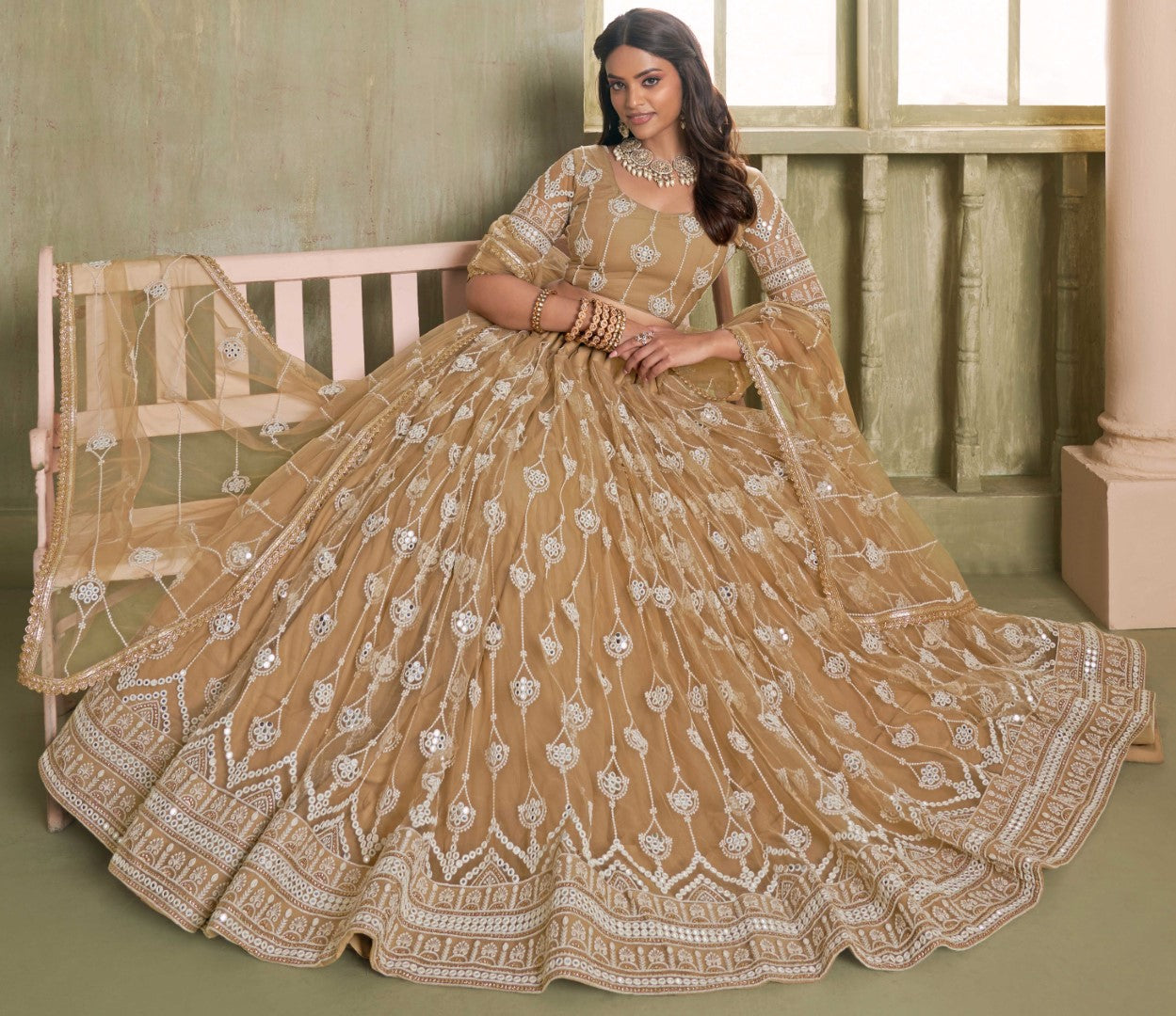 Women's Cream Net Thread Embroiderey With All Over Sequins Work Lehenga Set - Gruhnaree