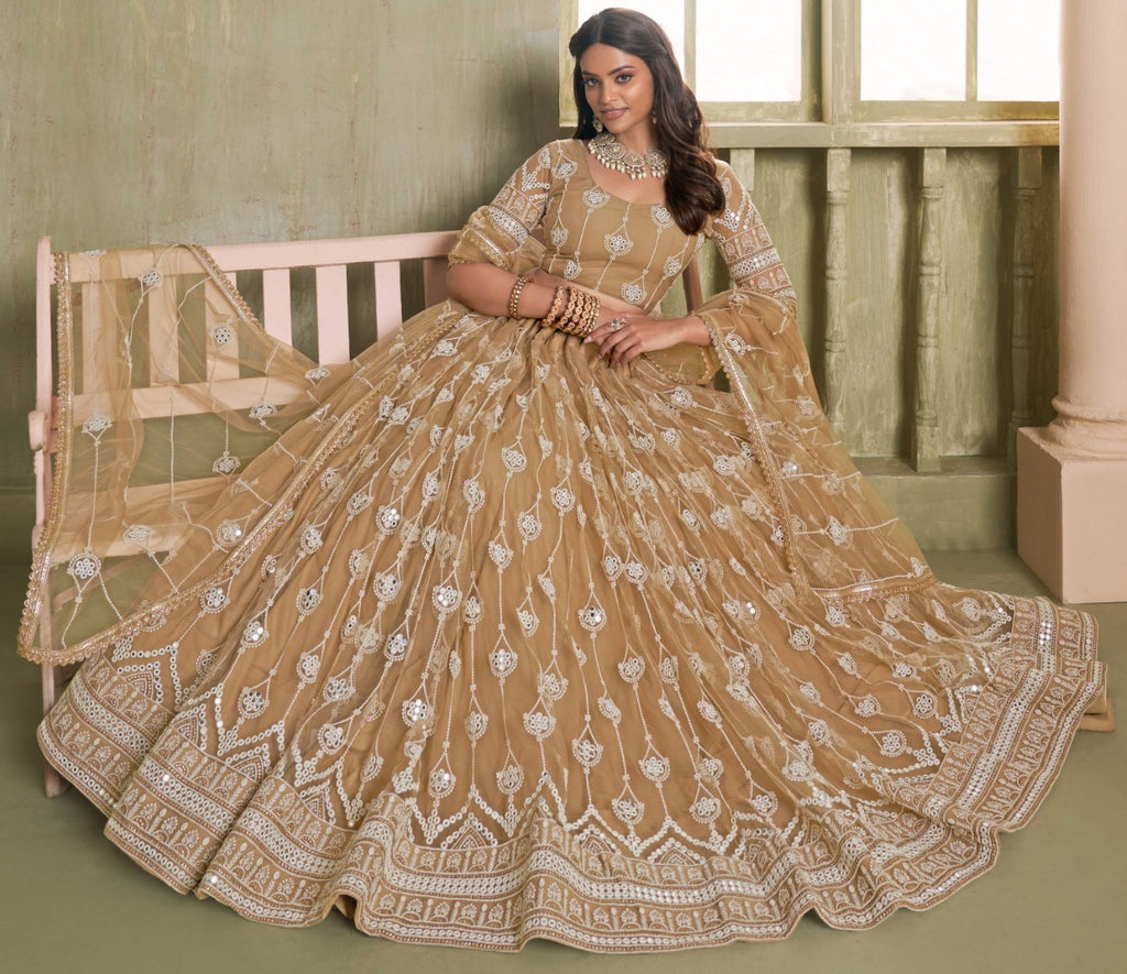 Women's Cream Net Thread Embroiderey With All Over Sequins Work Lehenga Set