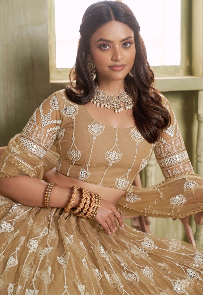 Women's Cream Net Thread Embroiderey With All Over Sequins Work Lehenga Set