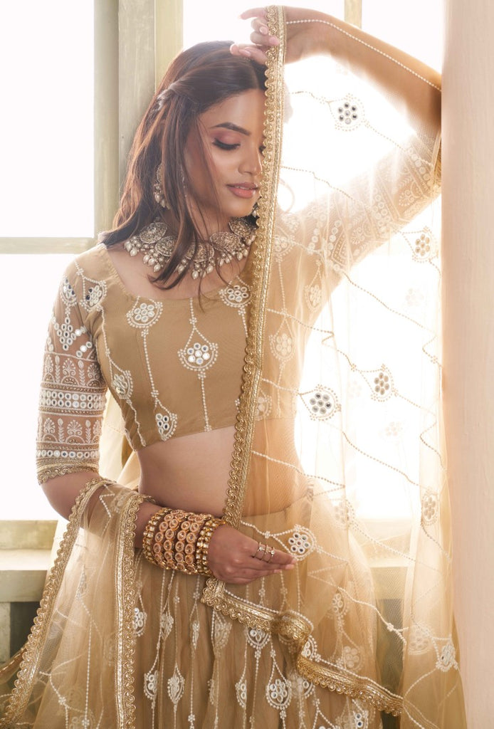 Women's Cream Net Thread Embroiderey With All Over Sequins Work Lehenga Set