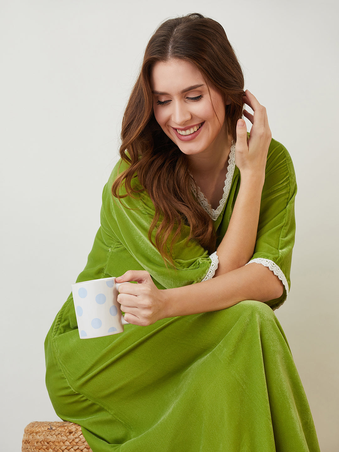 Women's Olive Polyester Solid/Plain V-Neck Night Dress Green / L | Trendia Global Women's Olive Polyester Solid/Plain V-Neck Night Dress Green / L | Trendia Global