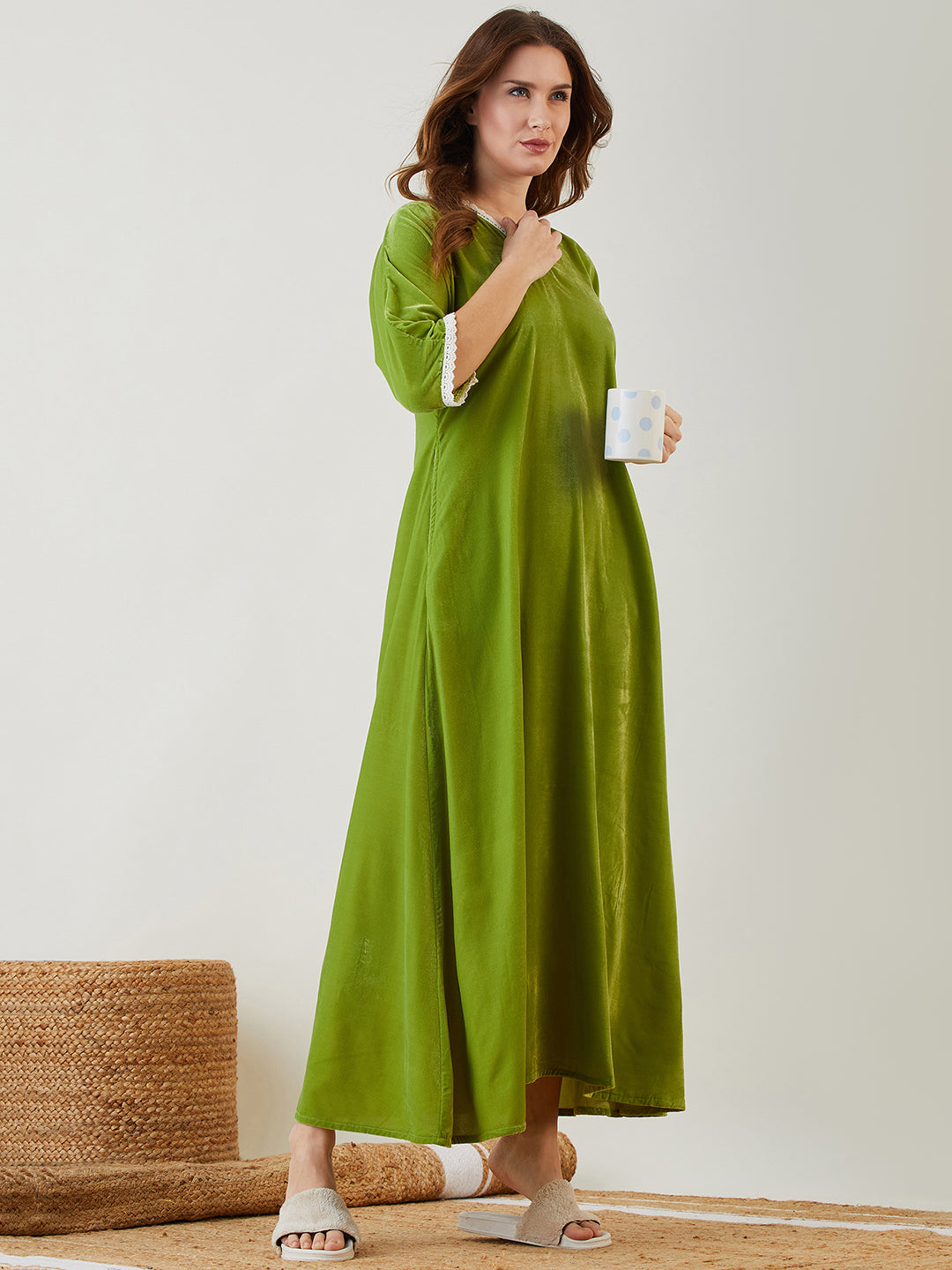 Women's Olive Polyester Solid/Plain V-Neck Night Dress Trendia Women's Olive Polyester Solid/Plain V-Neck Night Dress Trendia