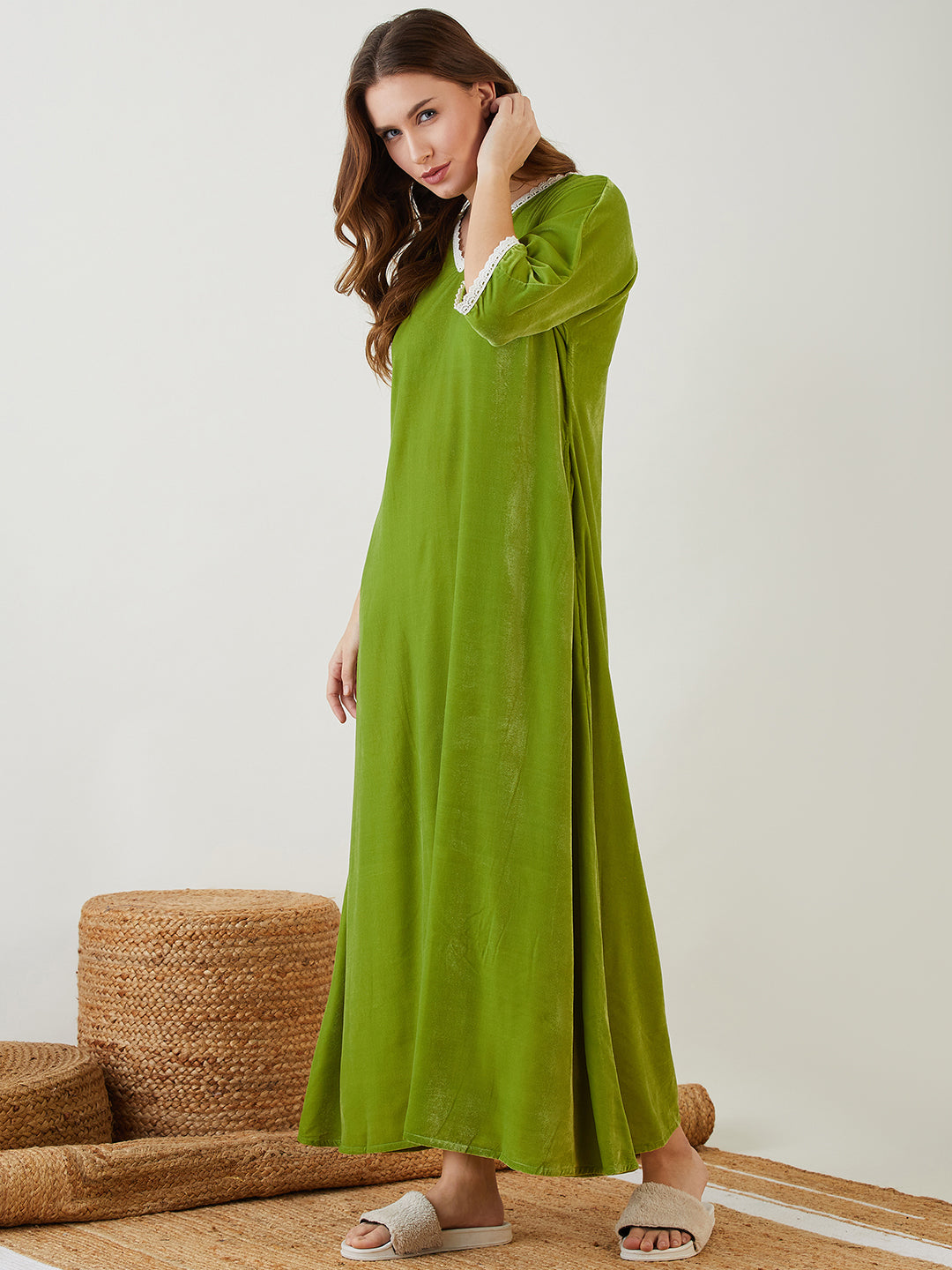 Women's Olive Polyester Solid/Plain V-Neck Night Dress Green / L | Trendia Global Women's Olive Polyester Solid/Plain V-Neck Night Dress Green / L | Trendia Global