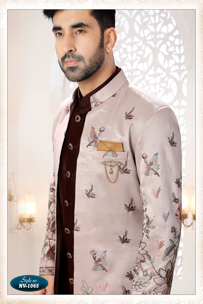 Men's Skin Brown Silk Thread And Sequence Embroidery All Over Indo Wes ...