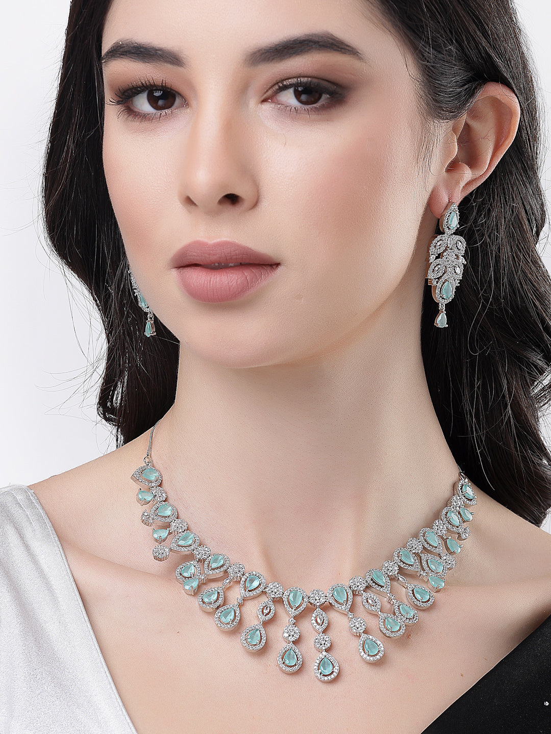 Women's silver plated & Turquoise CZ stone handcrafted jewellery set - NVR