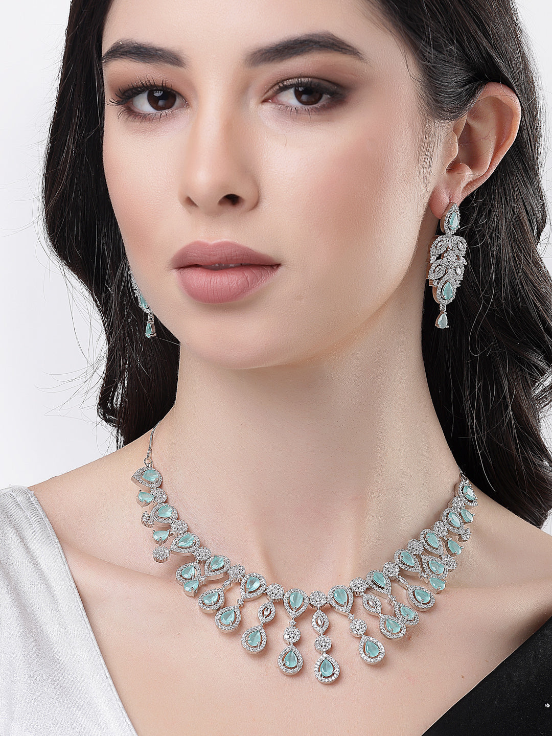 Women's silver plated & Turquoise CZ stone handcrafted jewellery set