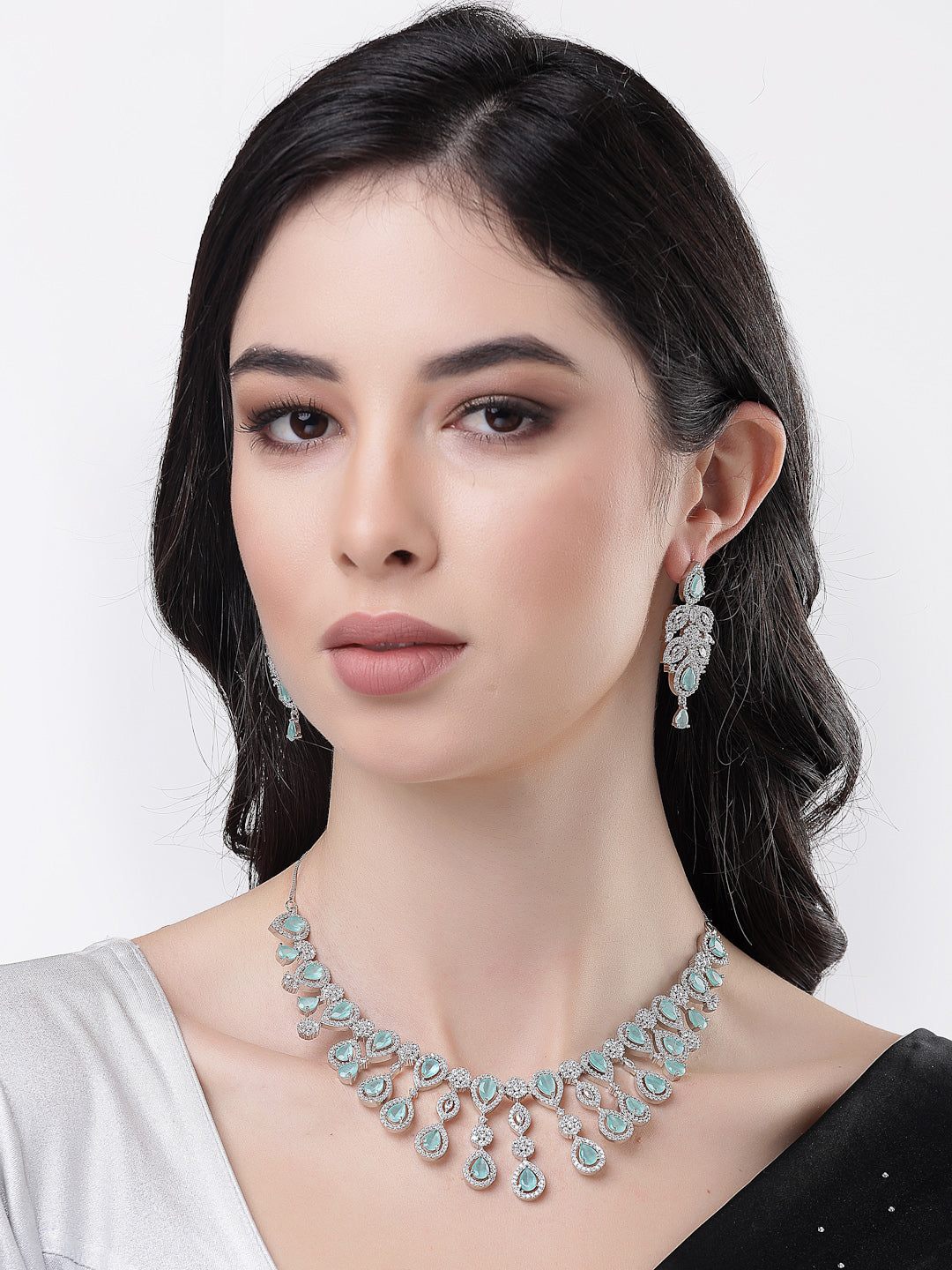 Women's silver plated & Turquoise CZ stone handcrafted jewellery set - NVR