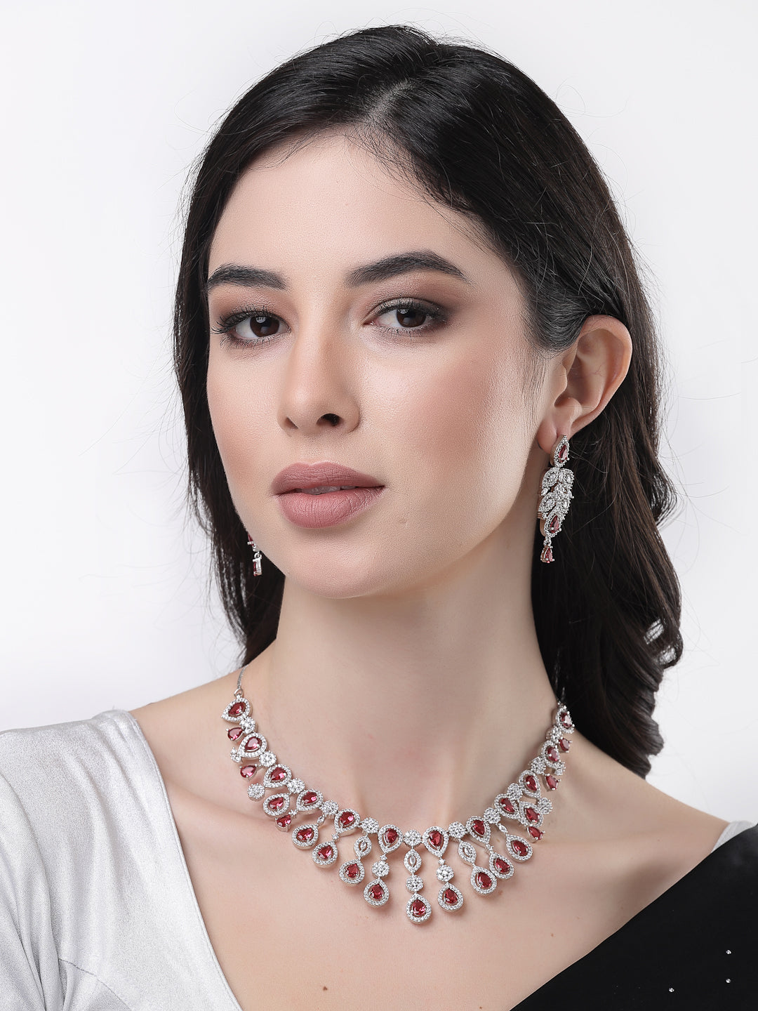 Women's silver plated & Maroon CZ stone handcrafted jewellery set