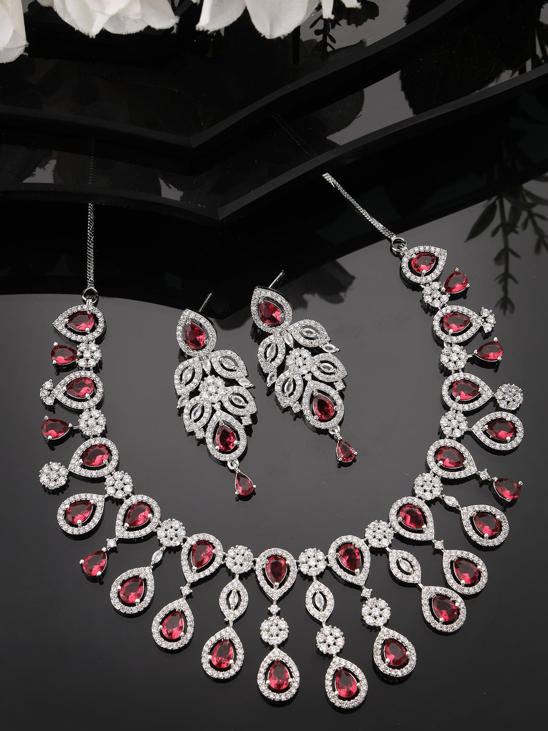 Women's silver plated & Maroon CZ stone handcrafted jewellery set