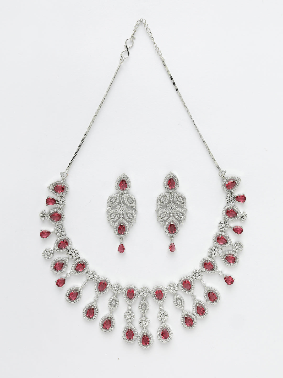 Women's silver plated & Maroon CZ stone handcrafted jewellery set