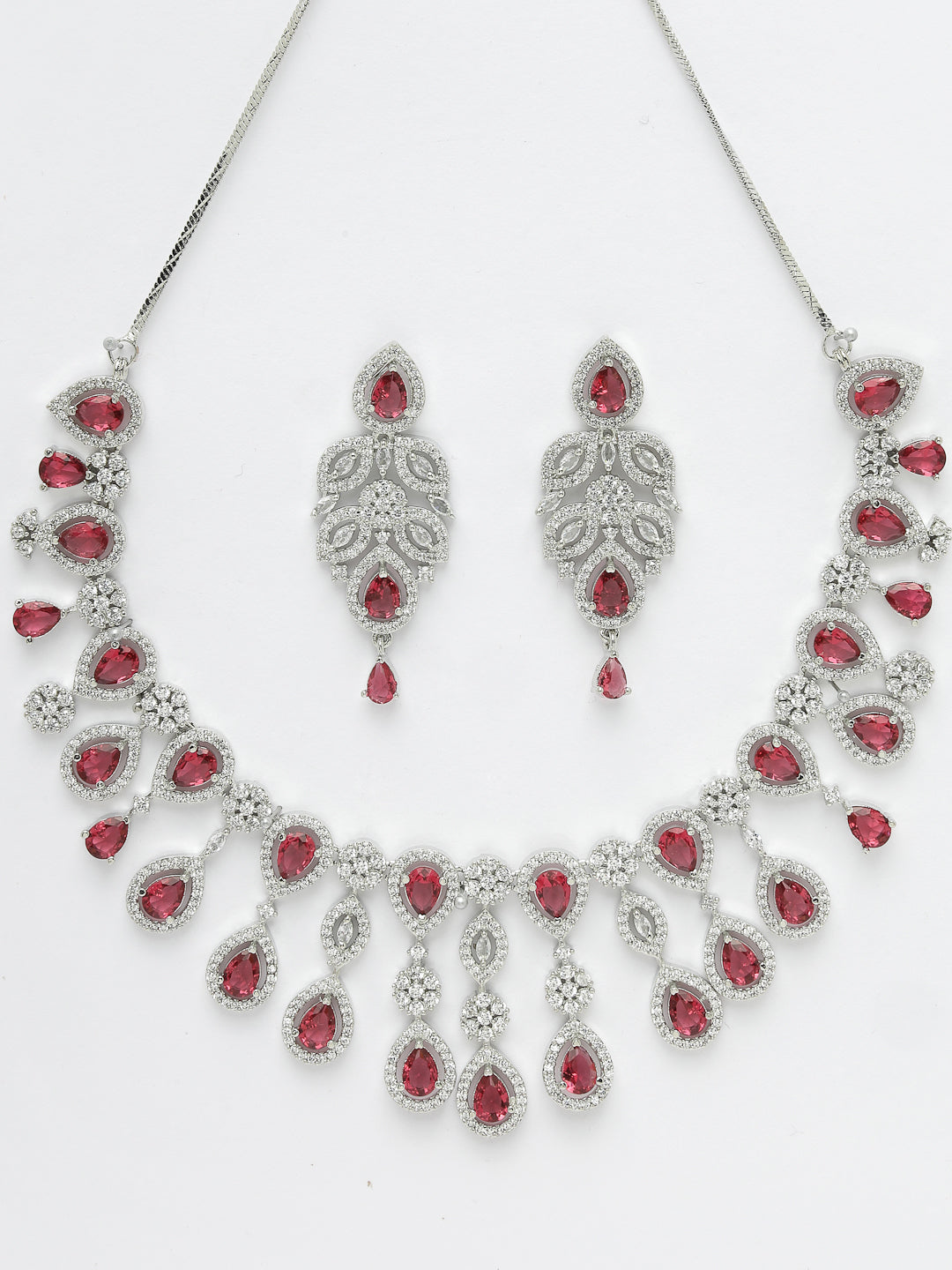 Women's silver plated & Maroon CZ stone handcrafted jewellery set